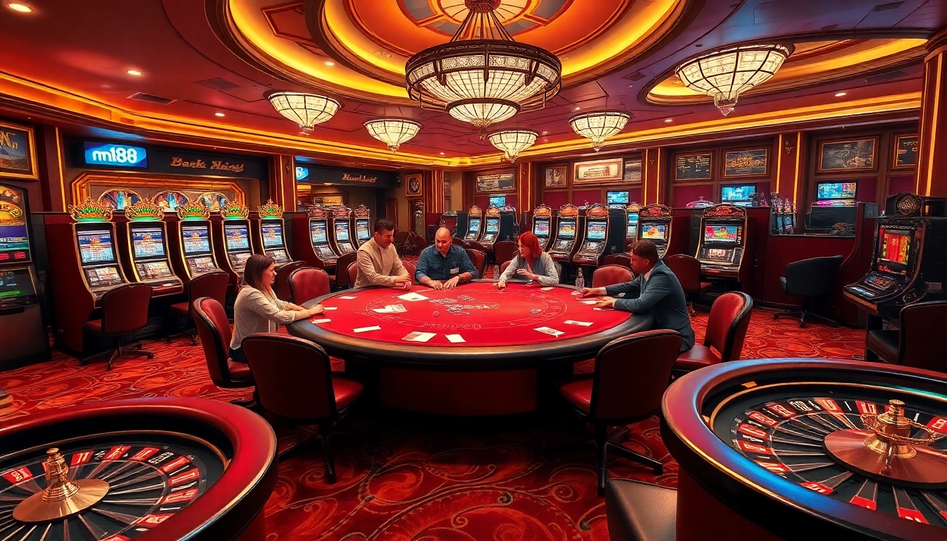 Experience excitement at mm88 with players engaged in poker and vibrant casino elements.
