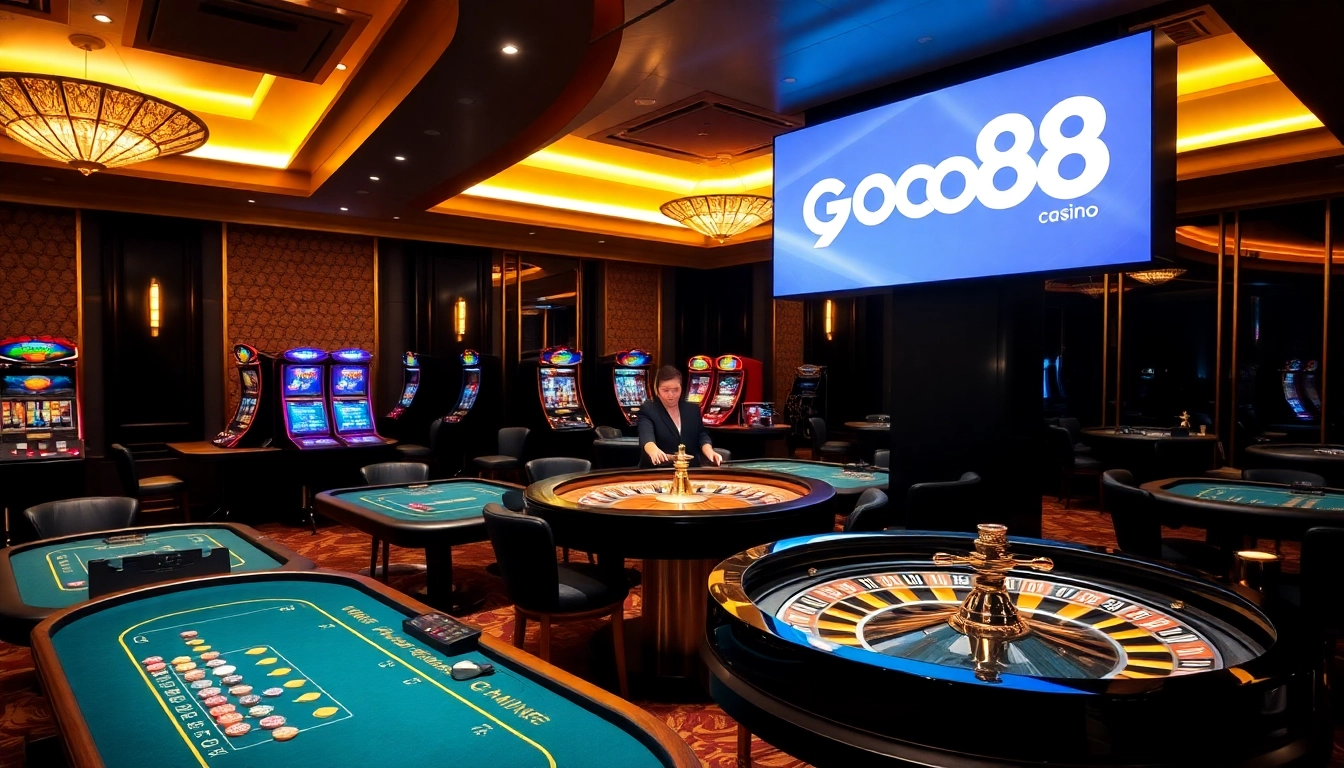 Experience the excitement of go88 in a luxury casino setting with gaming tables and slot machines.