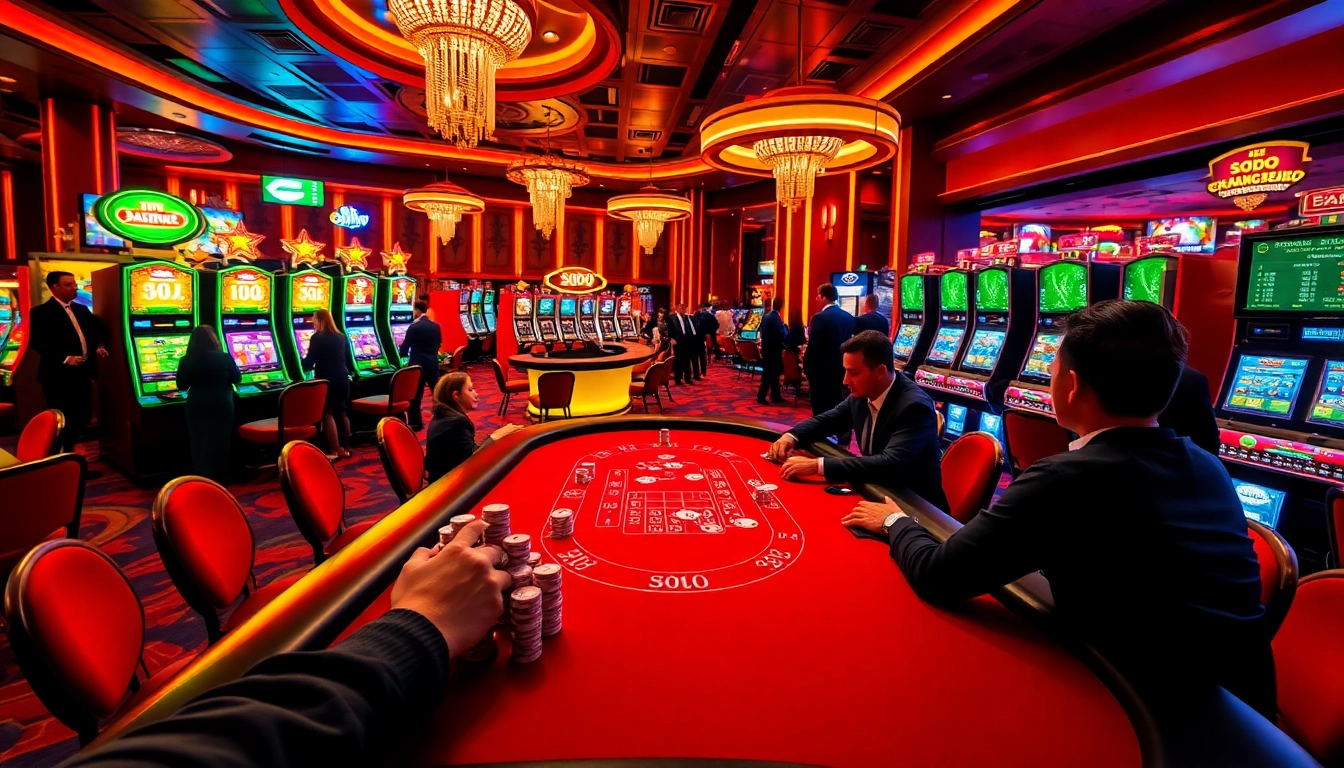 SODO Casino players celebrate a big win at a vibrant poker table with colorful slot machines.