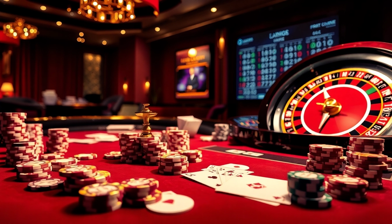 Experience the thrill of Tool xổ số siêu tốc with vibrant casino elements like poker chips and roulette wheels.