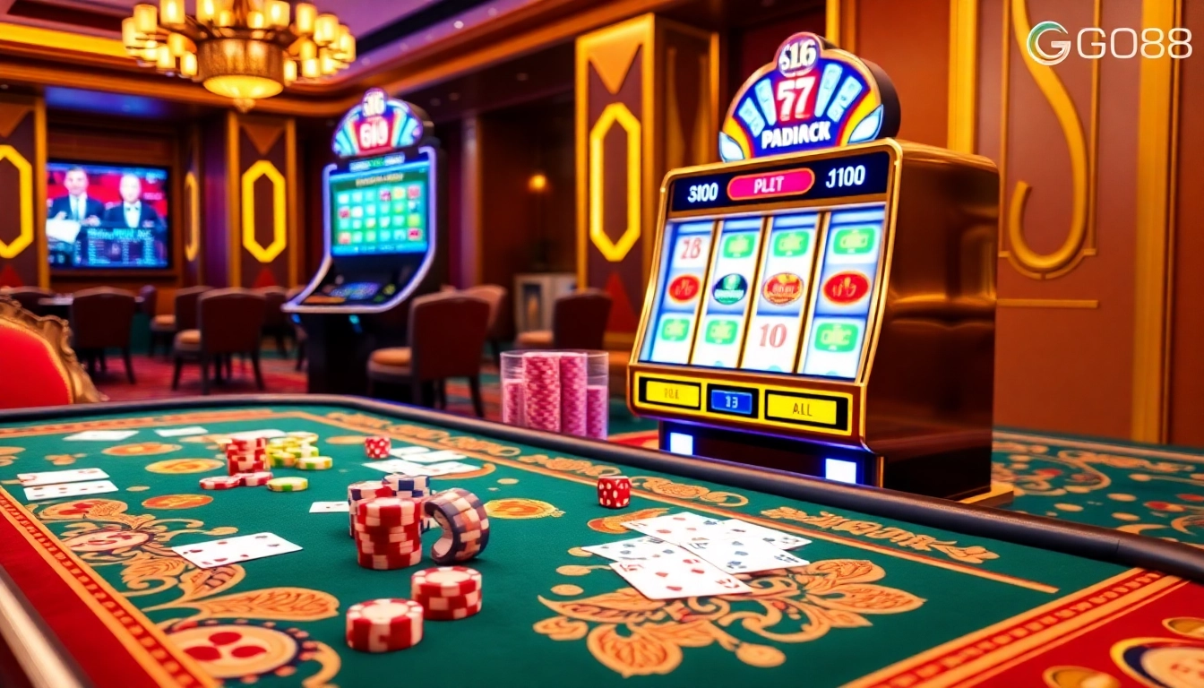 A vibrant online gambling scene featuring Trang Chủ GO88, showcasing casino tables, chips, and engaging slot machines.