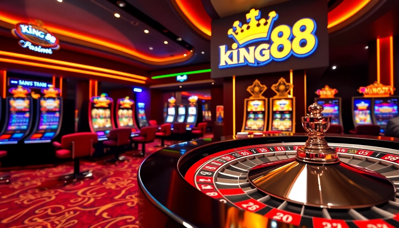 Experience the excitement of King88 casino with vibrant tables, roulette wheels, and illuminated slot machines.
