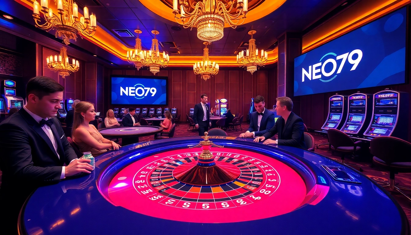 Players engaged in gambling at a stylish NEO79 casino table with vibrant colors.