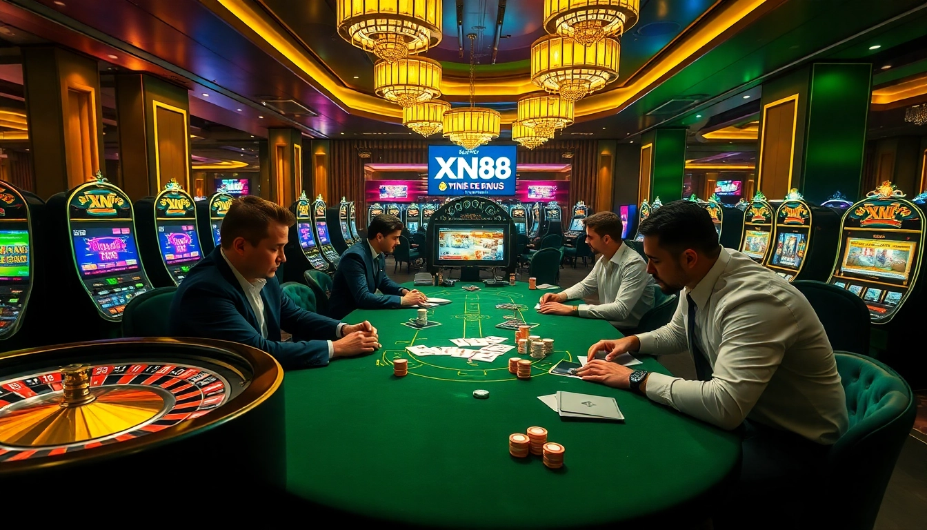 Nạp tiền XN88 with professional gamblers at a luxury casino table featuring dynamic online gaming elements.
