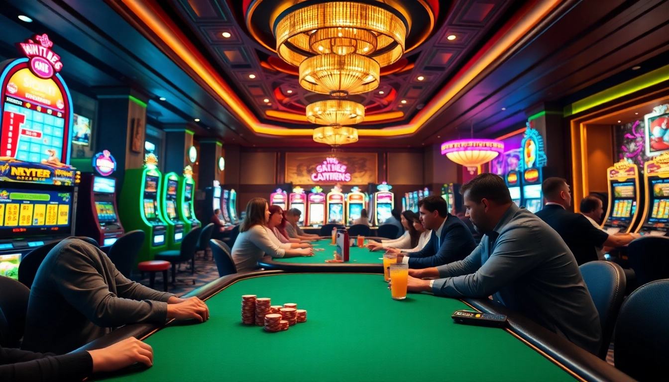 優塔娛樂城的豪華賭場環境，展示熱鬧的撲克桌和多彩的街機檯燈。