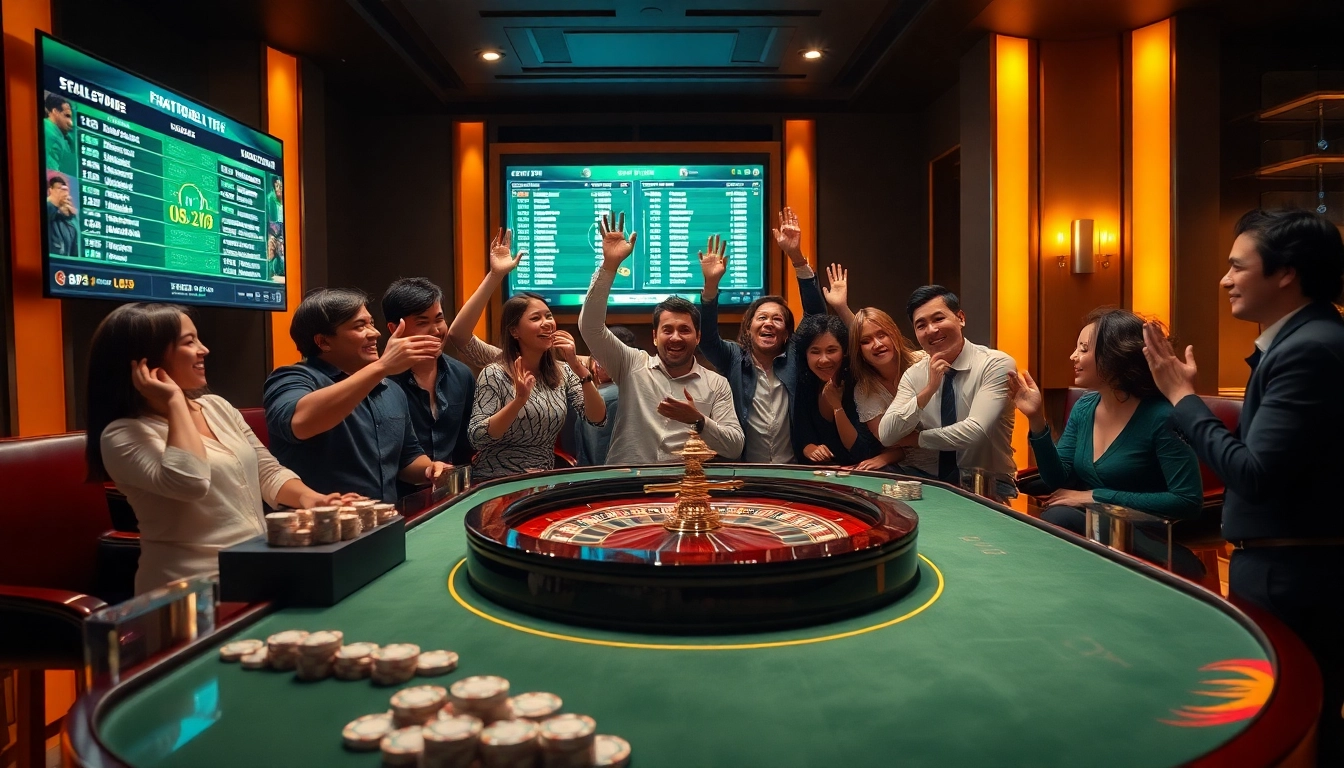 Engaging scene of แทงบอล with gamblers placing bets at an elegant casino table.