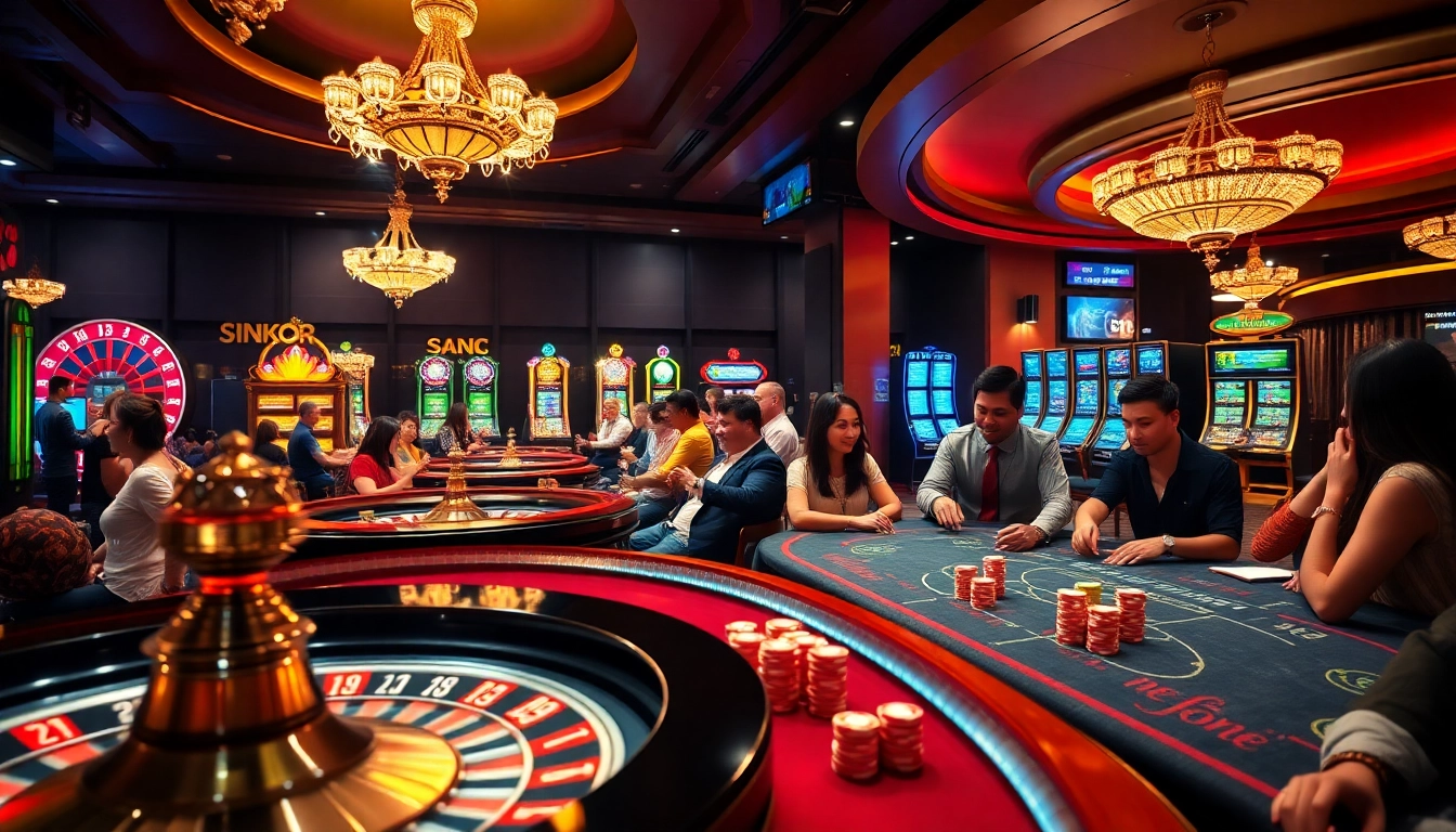 Players enjoying exciting games at jun88 con online casino, featuring colorful roulette and slot machines.