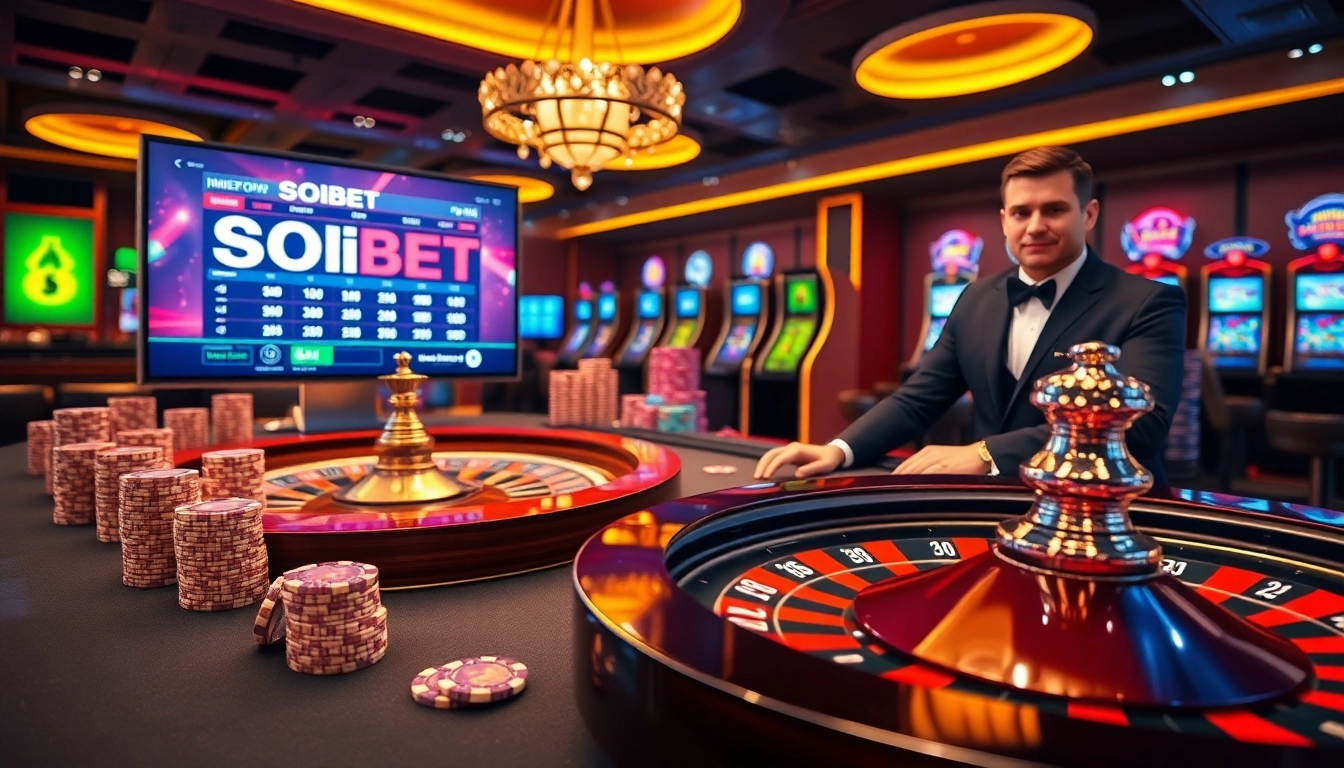 Experience the excitement of soibet ออนไลน์ with a vibrant online casino scene featuring a roulette wheel and poker chips.