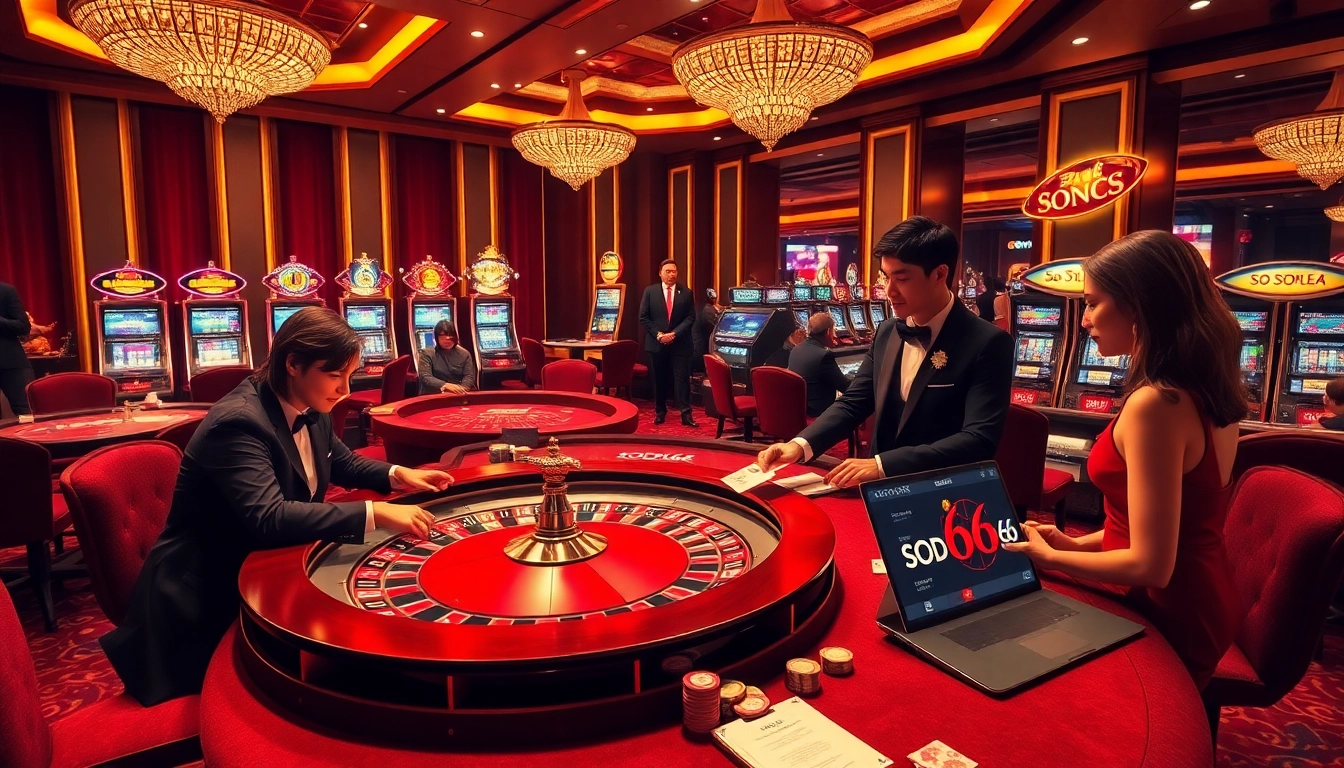 SODO66 casino scene featuring a thrilling roulette table, engaged players, and vibrant slot machines.
