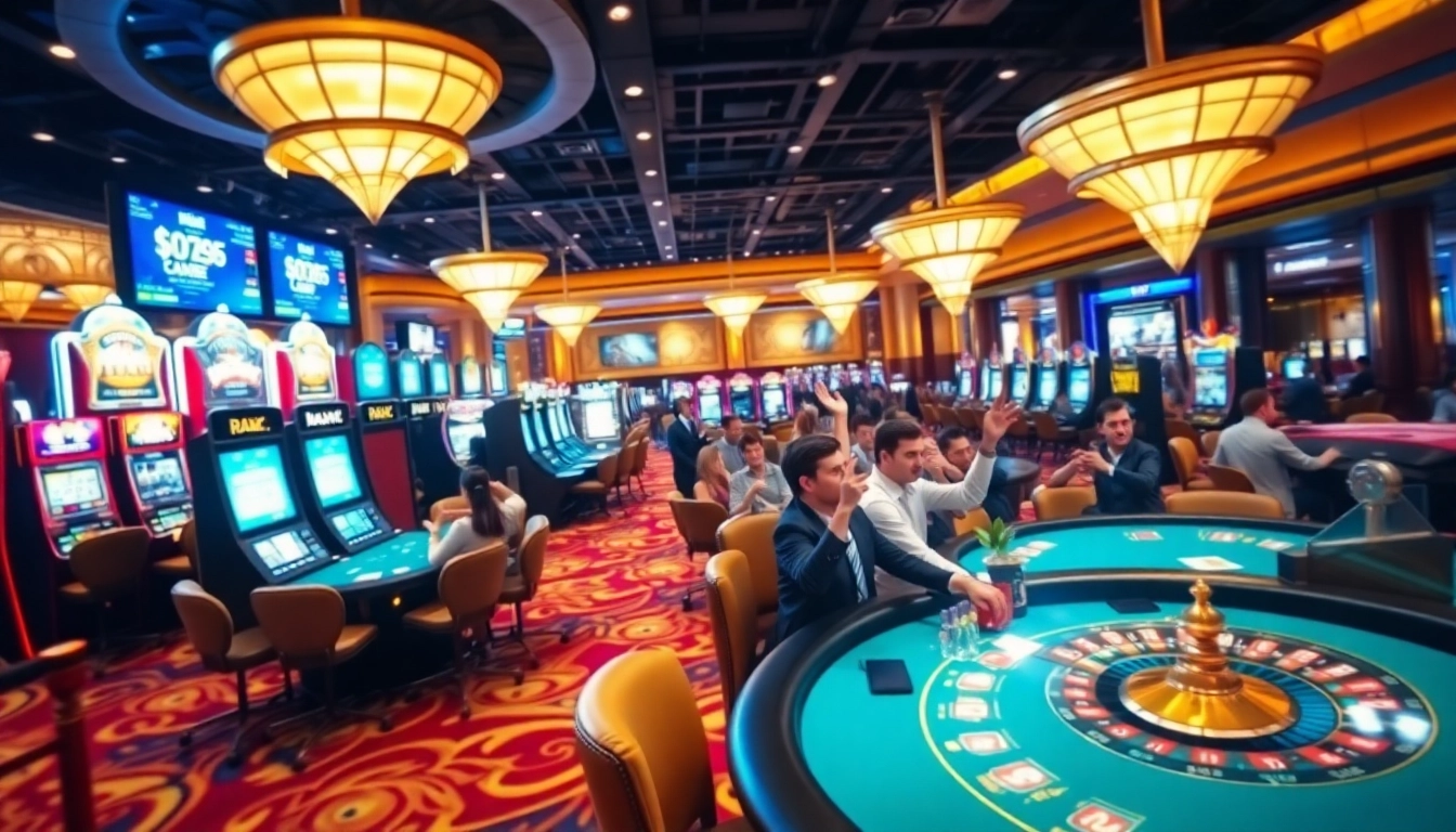 KJC's vibrant casino gaming scene showcases players at exciting slot machines and poker tables.