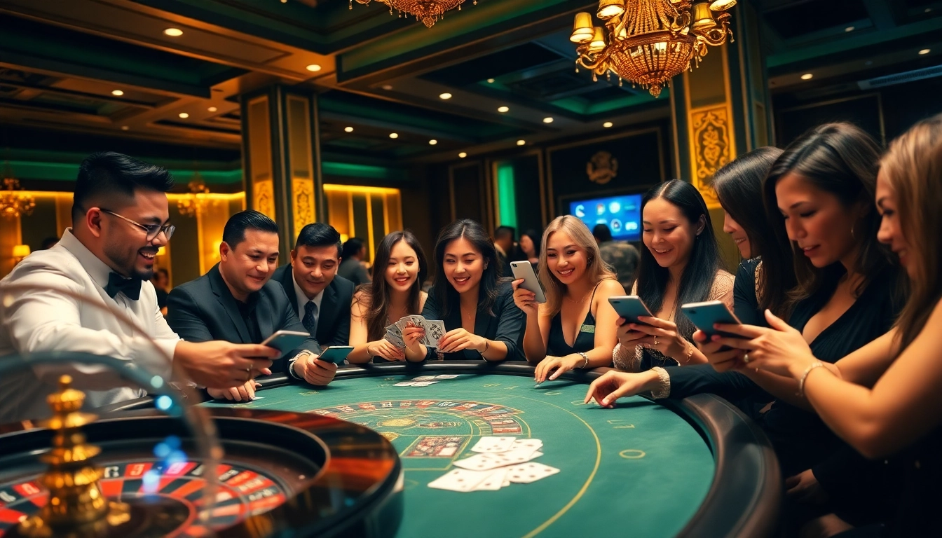 Excited players engaging in nạp tiền ee88 at a luxury casino table with vibrant poker chips and cards.