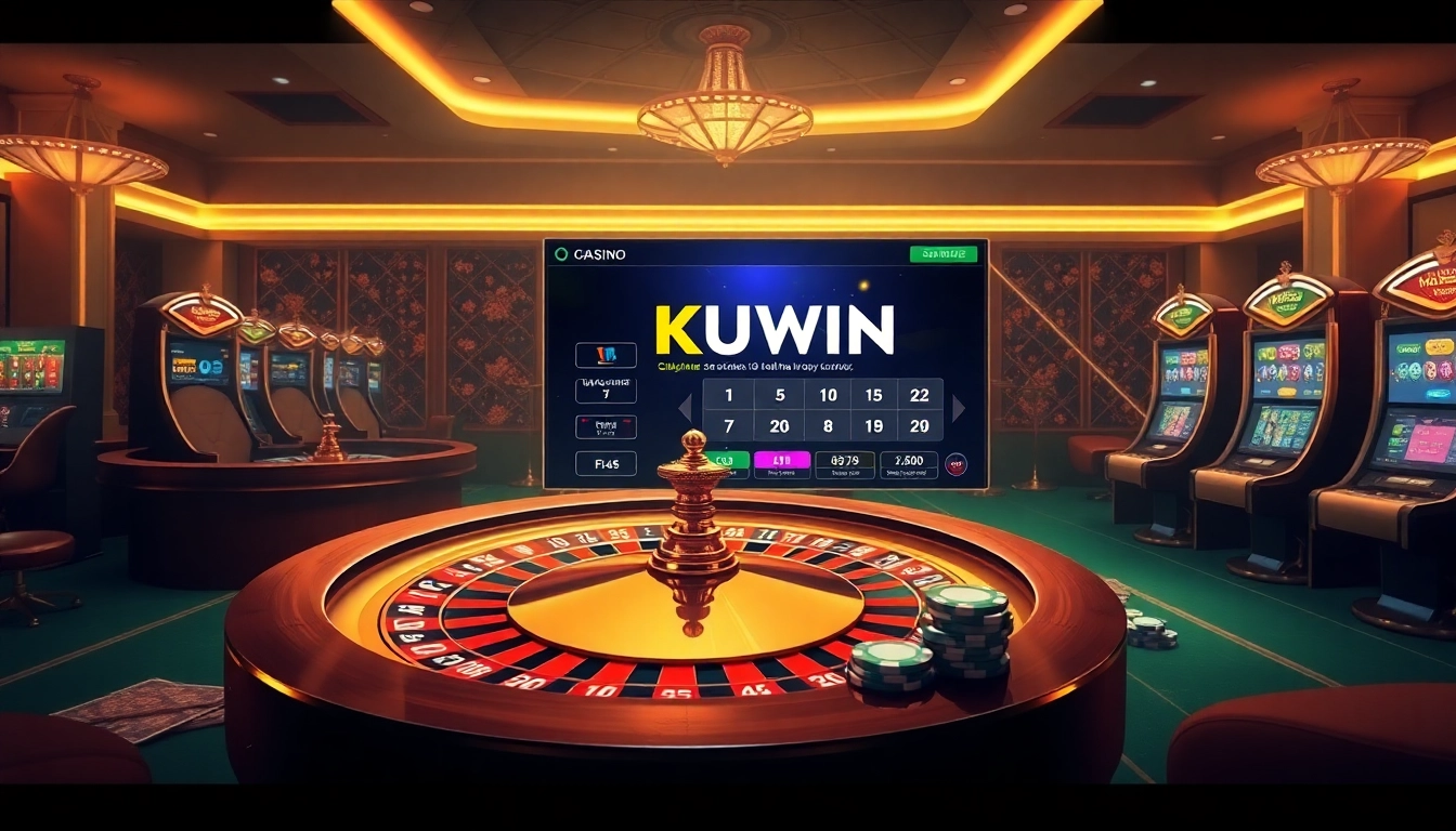 KUWIN casino scene with poker chips and a roulette wheel creating an engaging online gaming atmosphere.