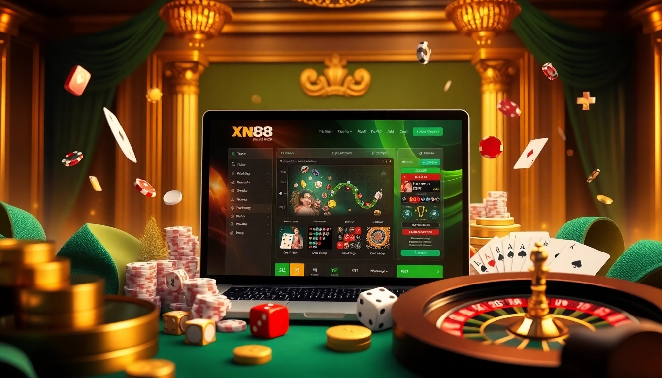 Nạp tiền xn88 process illustrated with casino-themed elements like cards and dice, conveying excitement.
