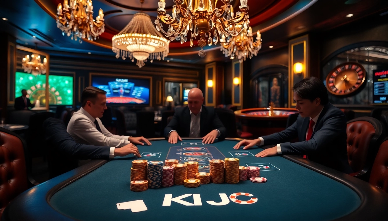 KJC logo adorns an elegant poker table in a bustling casino atmosphere.