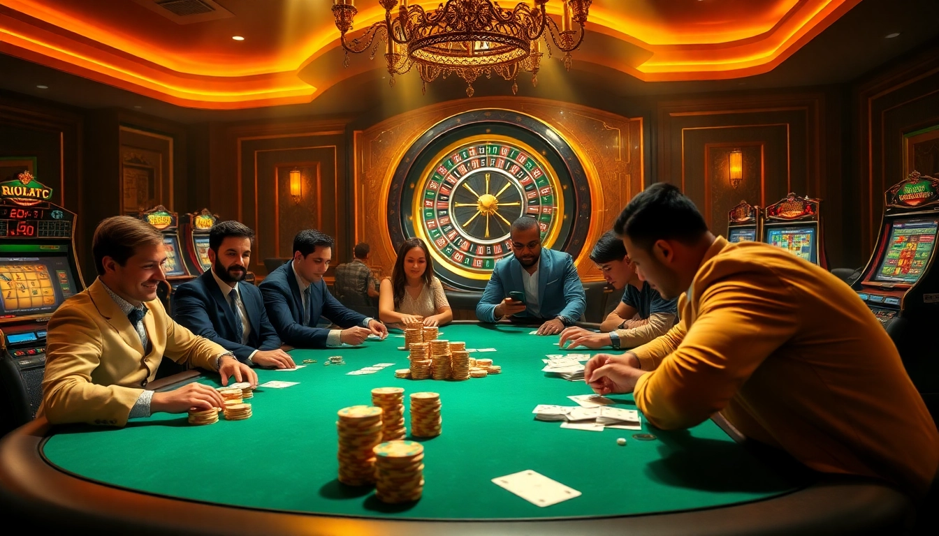 Rikvip players competing at a high-stakes poker table in a luxurious casino atmosphere.