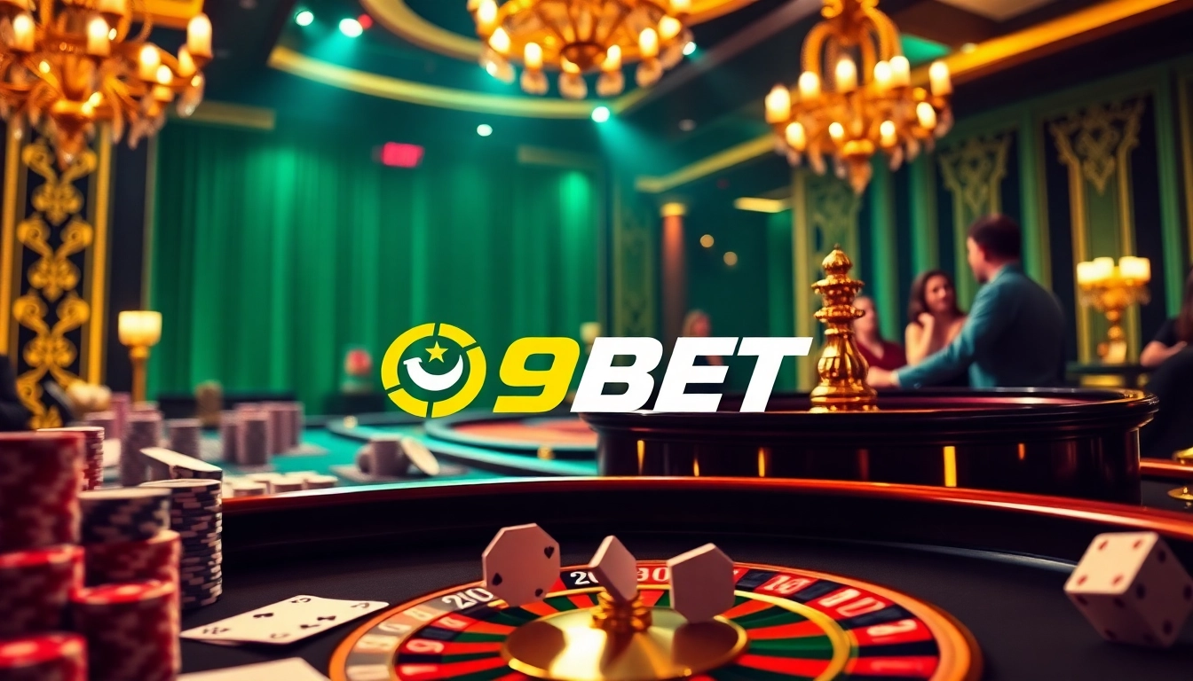 I9BET online gambling scene with casino table, poker chips, and roulette wheel action.