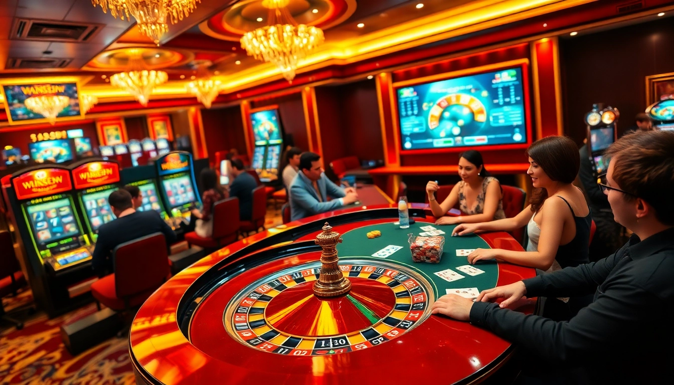 Engaged players enjoying casino games at VA88, featuring roulette and poker tables with vibrant ambiance.