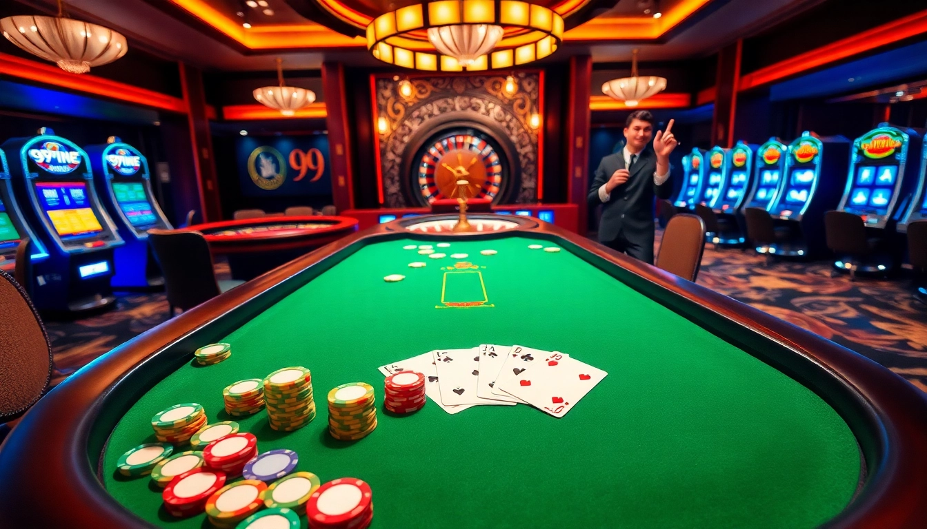 A thrilling scene of gambling at 99win, showcasing a winning poker hand with colorful chips on a casino table.