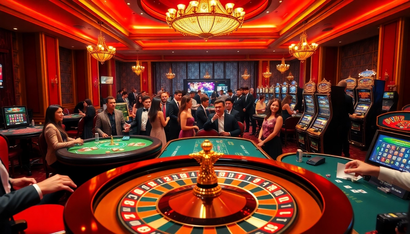 Join the action at co88, a lively casino scene showcasing roulette, poker tables, and slot machines.