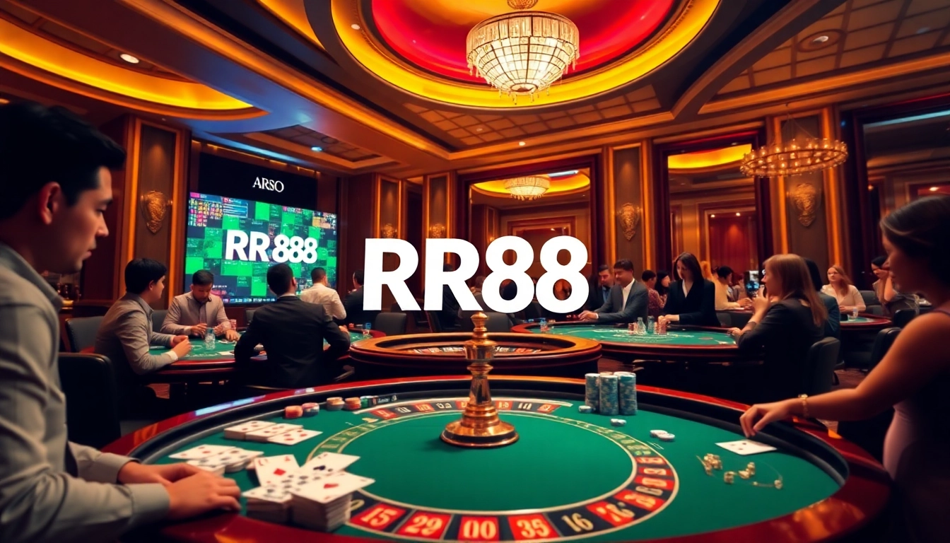 Exciting gambling scene featuring RR88 logo with vibrant casino elements and players.