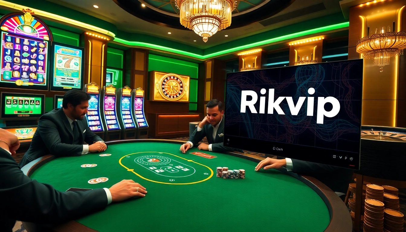 Rikvip players enjoying a vibrant poker game at a luxurious casino table.