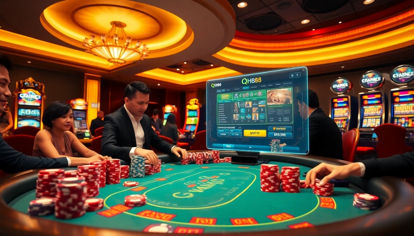 Experience the thrill of qh88 with an exciting high-stakes poker scene showcasing chips and focused players.