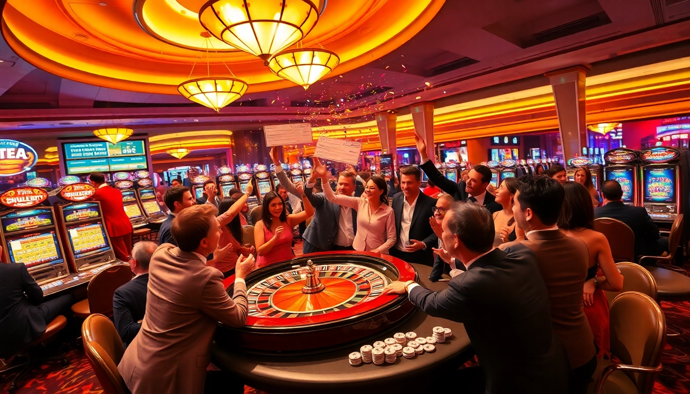 Celebrating the explosion of a prize-winning lottery at a luxurious casino with vibrant gaming activities.