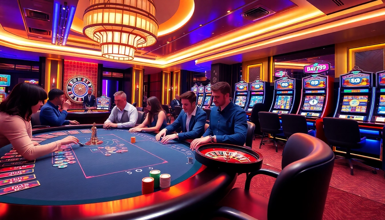 Bay789 players enjoying a thrilling casino experience with cards and chips at a luxurious table.