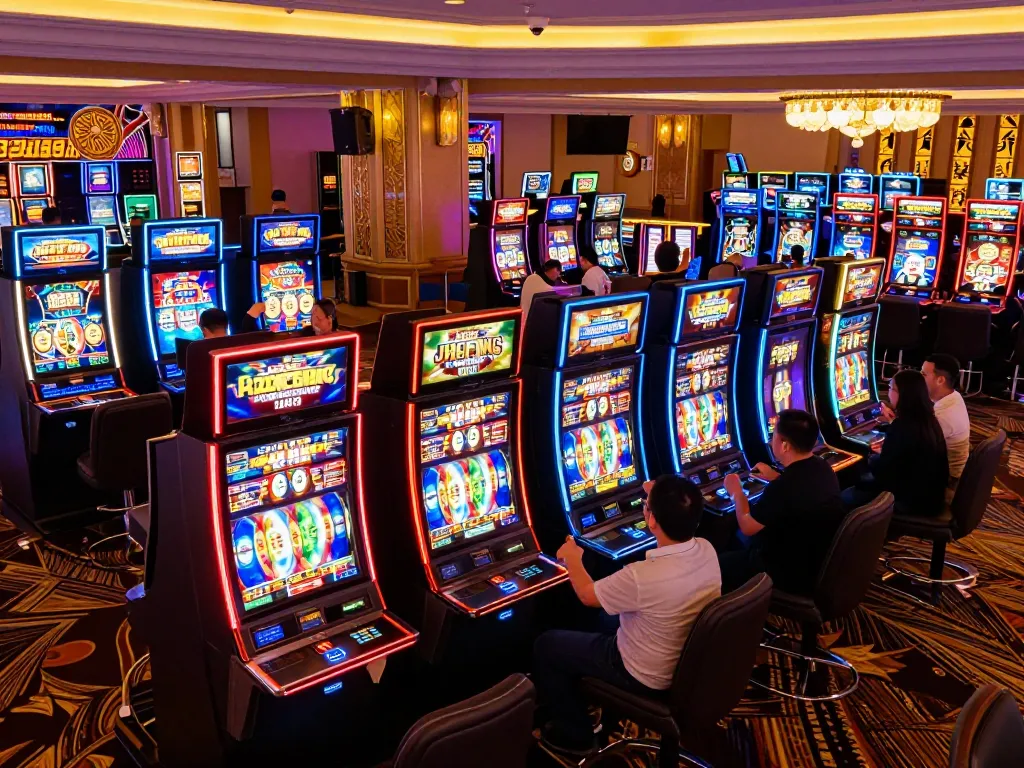 Players celebrating big wins at vibrant slot machines in an engaged atmosphere at kp88.