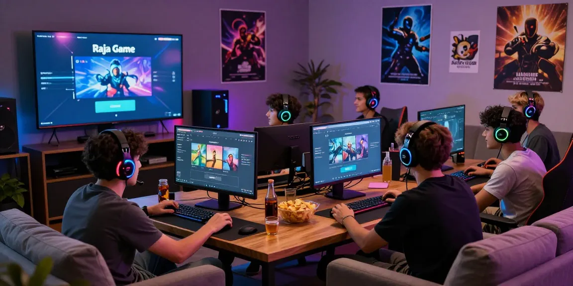 Engaged friends gaming together on Raja Game login in a vibrant setting.