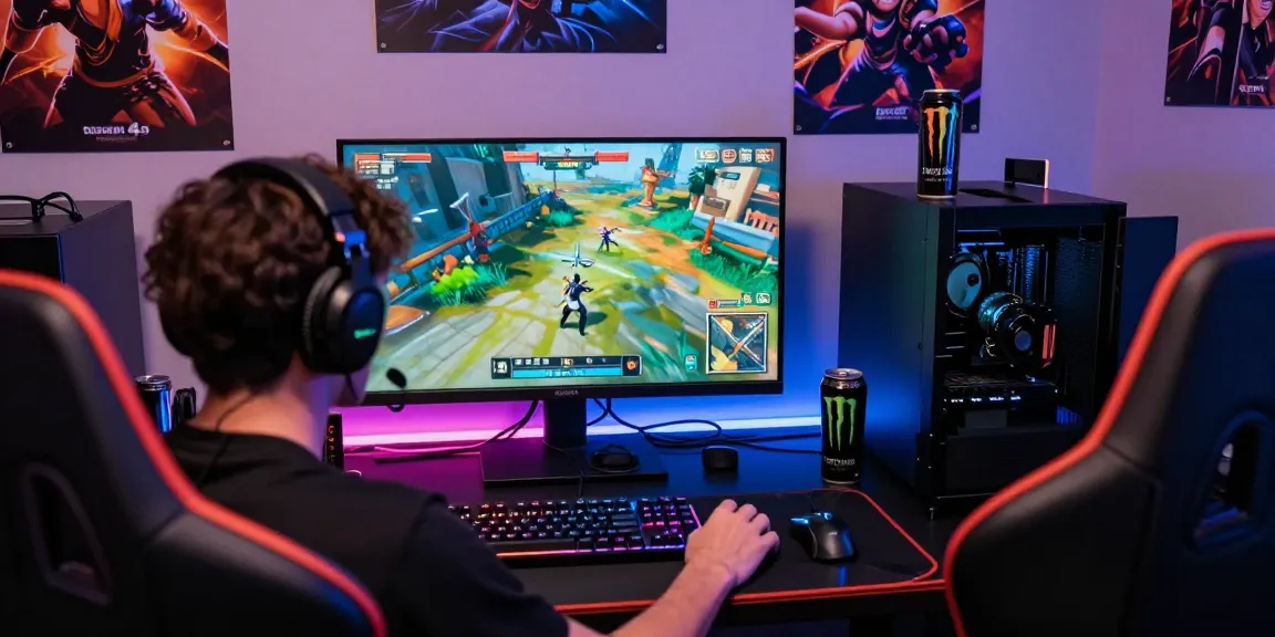Seorang pemain terjun4d yang fokus pada permainan dengan headset, keyboard RGB, dan minuman energi di ruang gaming.